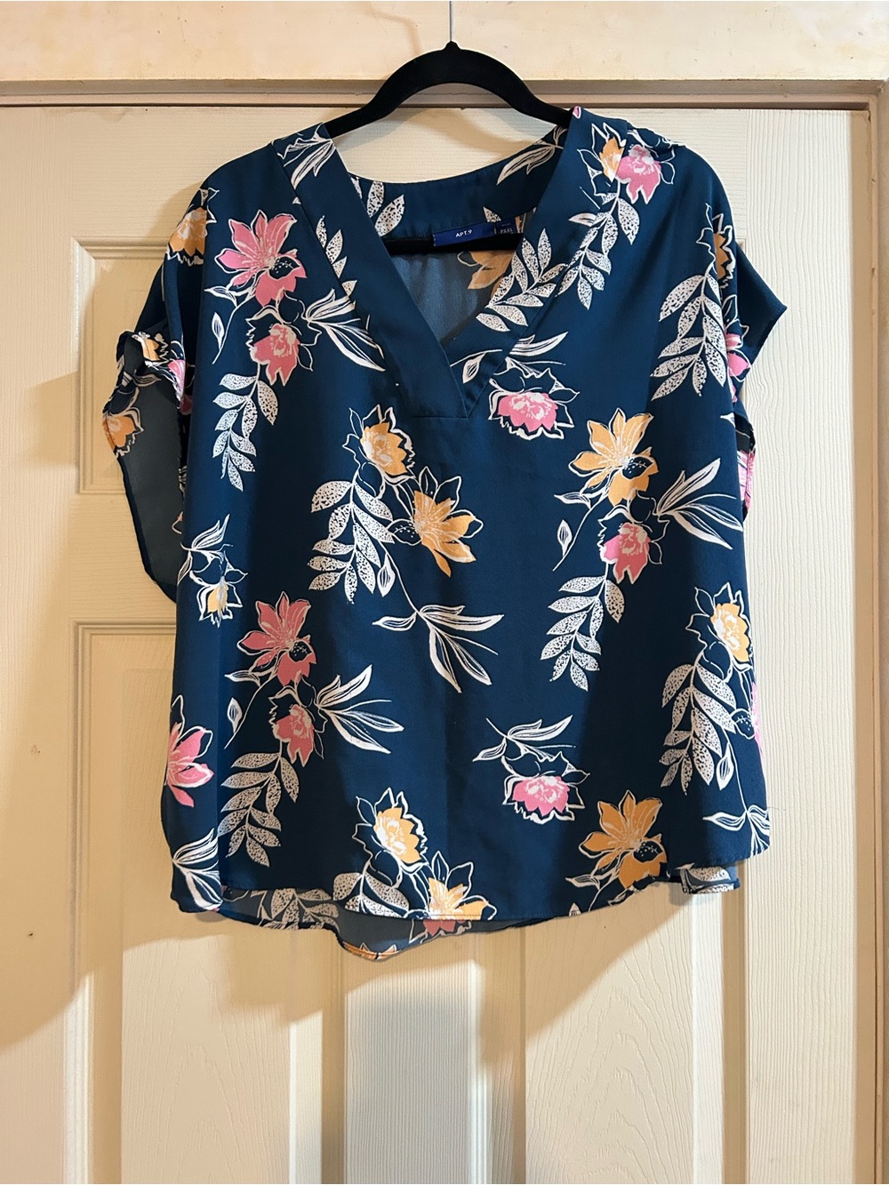 Apt. 9 Navy Floral V-Neck Blouse with Pink & Yellow Blooms